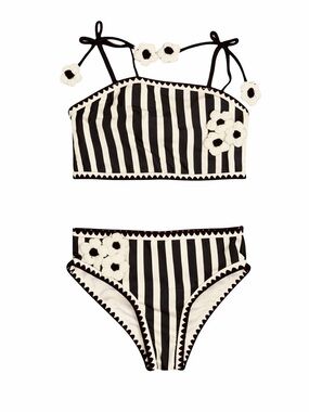 Rachel Zoe Girls Size 7 Cream Black Stripe 2-Piece Swimsuit Floral